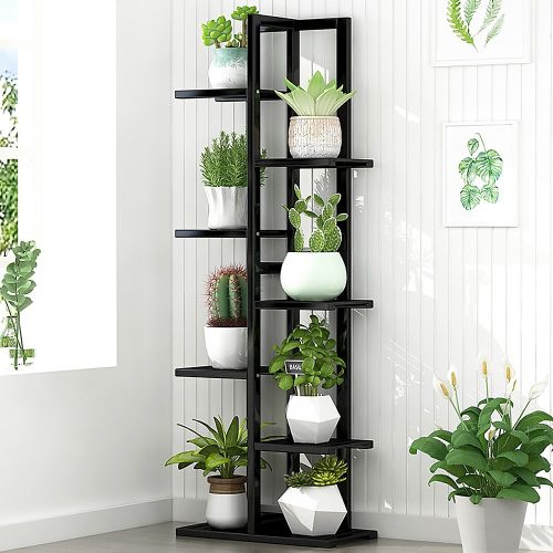 6 Tiers Vertical Bamboo Plant Stand Staged Flower Shelf Rack Outdoor Garden, – Black