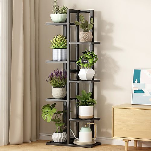 6 Tiers Vertical Bamboo Plant Stand Staged Flower Shelf Rack Outdoor Garden, – Black