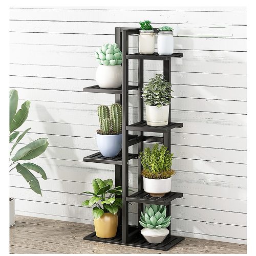 6 Tiers Vertical Bamboo Plant Stand Staged Flower Shelf Rack Outdoor Garden, – Black