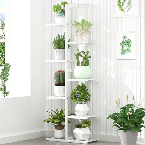6 Tiers Vertical Bamboo Plant Stand Staged Flower Shelf Rack Outdoor Garden, – White