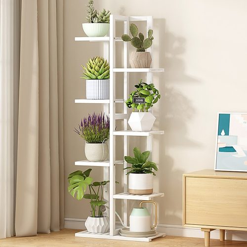 6 Tiers Vertical Bamboo Plant Stand Staged Flower Shelf Rack Outdoor Garden, – White