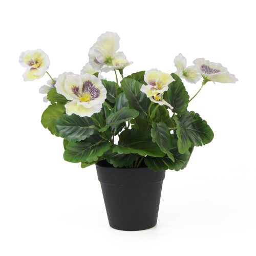Mixed Flowering Potted Artificial Pansy Plants 25cm – Green and White