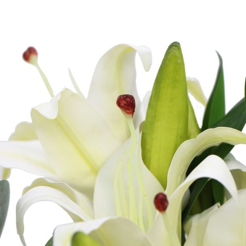 Premium Faux Lily In Glass Vase (Artificial Tiger Lily Arrangement) – Green and White