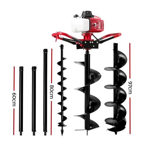 Giantz Post Hole Digger 92CC Petrol Motor Drill Extension Auger Bits Kits