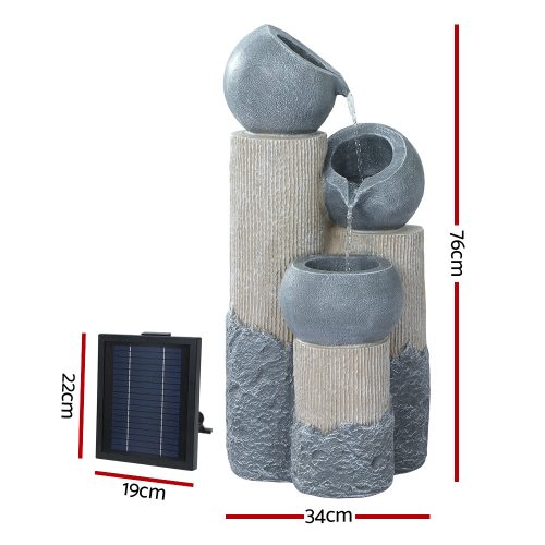 Gardeon Solar Water Feature Cascading Fountain 3-Tier Pot LED Lights 76CM Grey