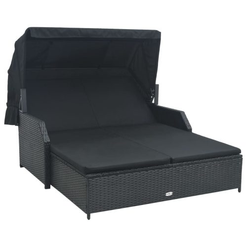 2-Person Sun Lounger with Canopy Poly Rattan – Black