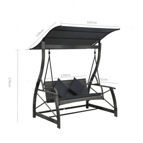 3-Seater  Garden Swing Bench with Canopy Poly Rattan – Grey