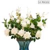 12pcs Artificial Silk Flower Fake Rose Bouquet Table Decor – White