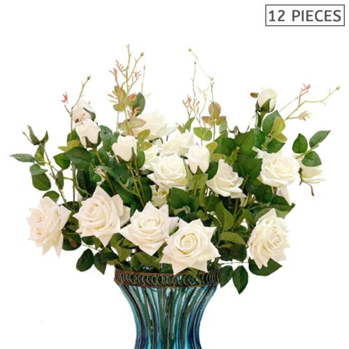 12pcs Artificial Silk Flower Fake Rose Bouquet Table Decor – White